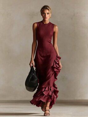 Elegant Wine Red Flounced Hem Maxi Dress – Sleeveless Solid Color Dress